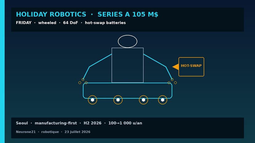 Holiday Robotics 105 M$ Series A — FRIDAY, humanoïde à roues + hot-swap