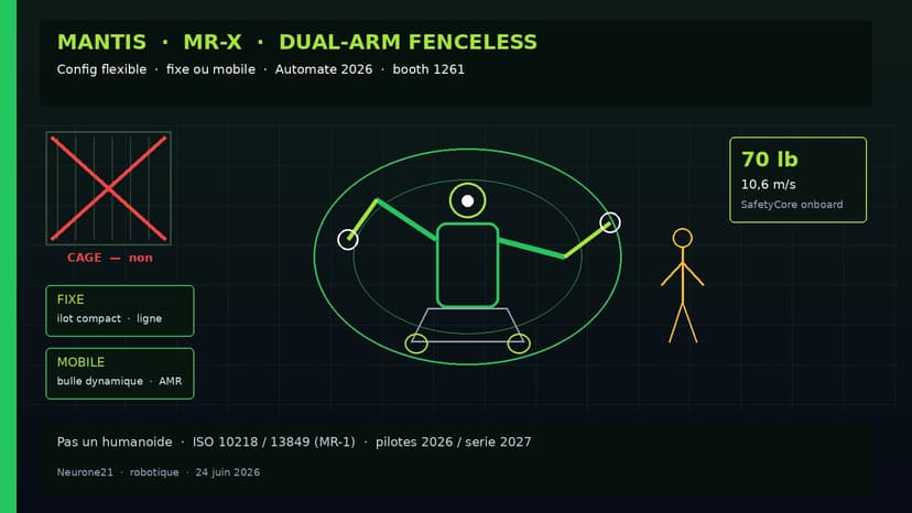 Mantis MR-X : dual-arm fenceless, 70 lb et 10,6 m/s, config fixe ou mobile