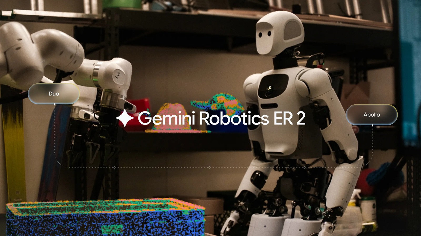 Visuel officiel Google Cloud : Gemini Robotics ER 2, robot humanoïde Apollo et bras robotiques