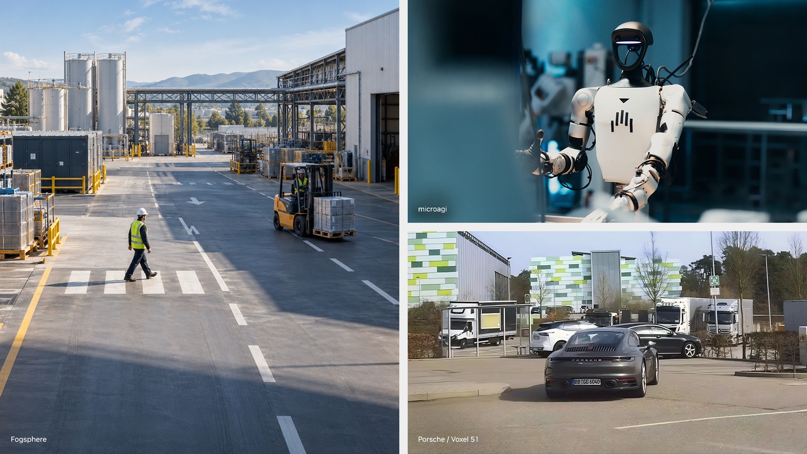 Visuel officiel NVIDIA Cosmos : site industriel Fogsphere, humanoïde MicroAGI et Porsche 911 sur un parking (Voxel51)