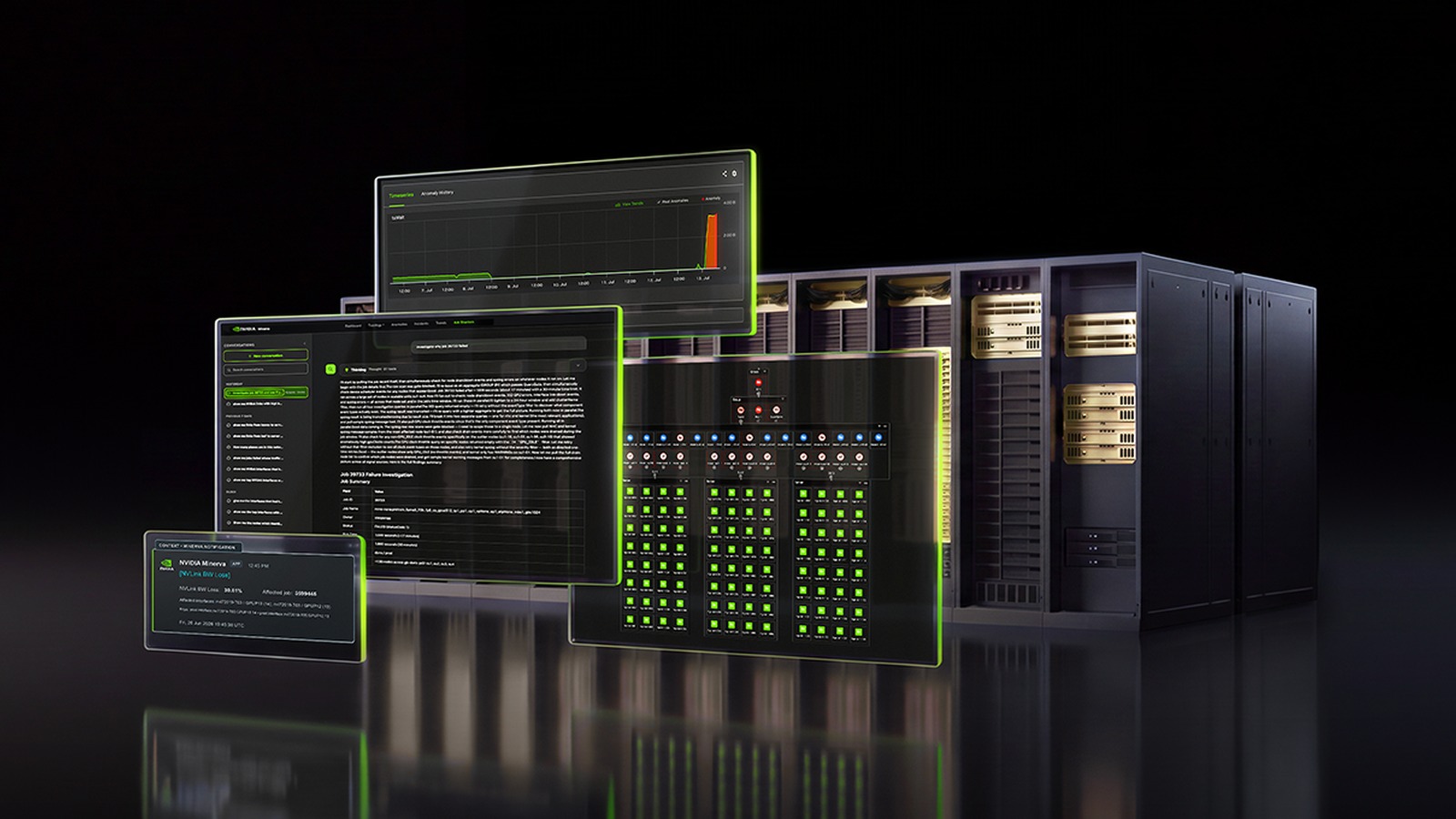 Visuel officiel NVIDIA Minerva : tableaux de bord de supervision devant des baies de serveurs